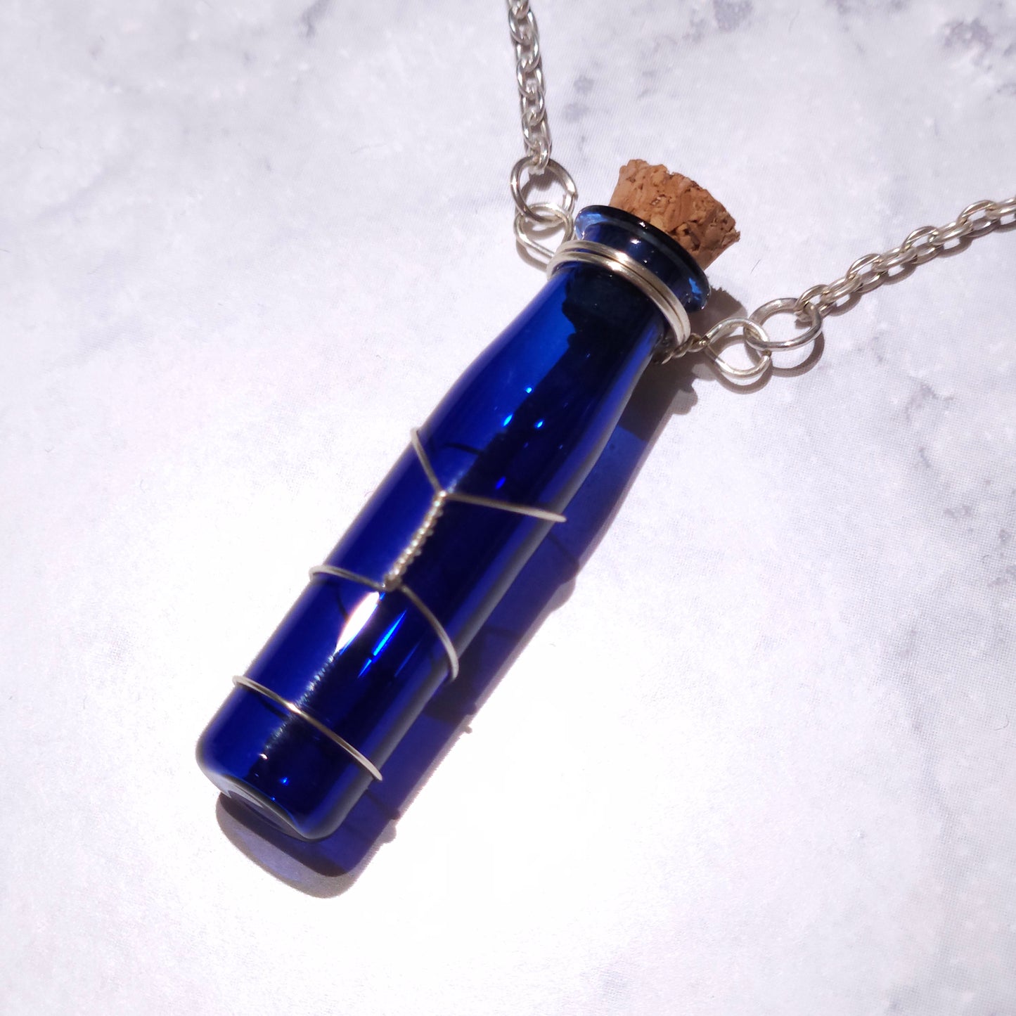 Silver Wire-Wrapped Cobalt Blue Spell Bottle Necklace | Empty Witch Potion Vial