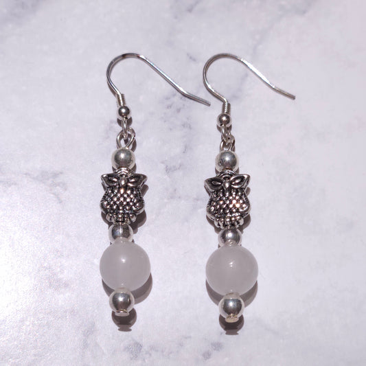 Silver owl dangle earrings with gray-lavender quartz beads and ball accents
