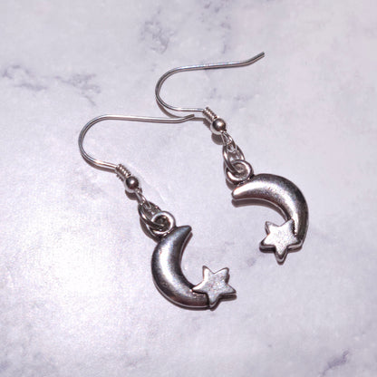 Silver Moon & Stars Charm Earrings | Witchy Occult Jewelry | Rose and Shadow
