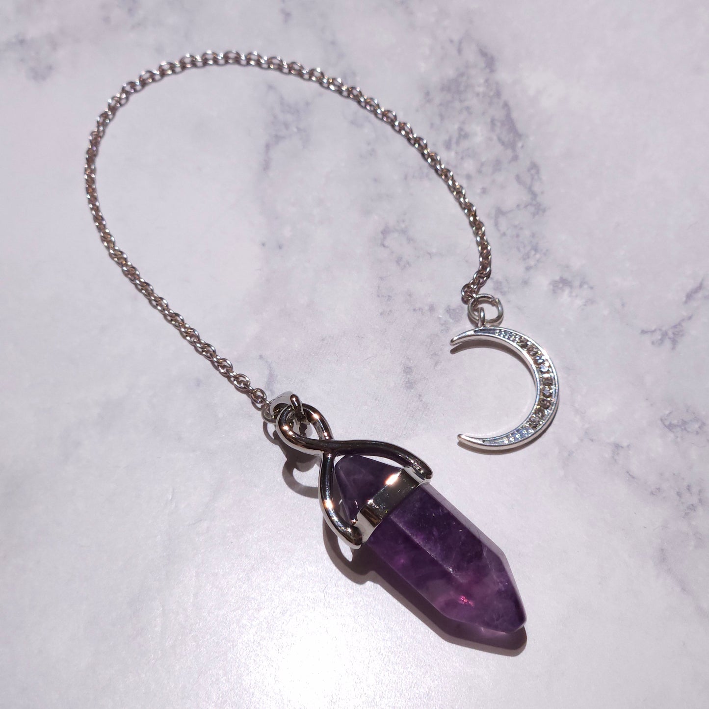 Fluorite Crystal Pendulum | Silver Sparkle Moon Witchy Divination Tool