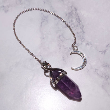 Fluorite Crystal Pendulum | Silver Sparkle Moon Witchy Divination Tool