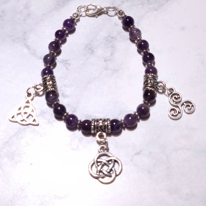 Triple Celtic Knot Charm Bracelet with Amethyst Gemstone | Rose and Shadow