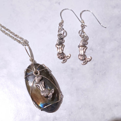 Silver Mermaid Labradorite Gemstone Necklace Set
