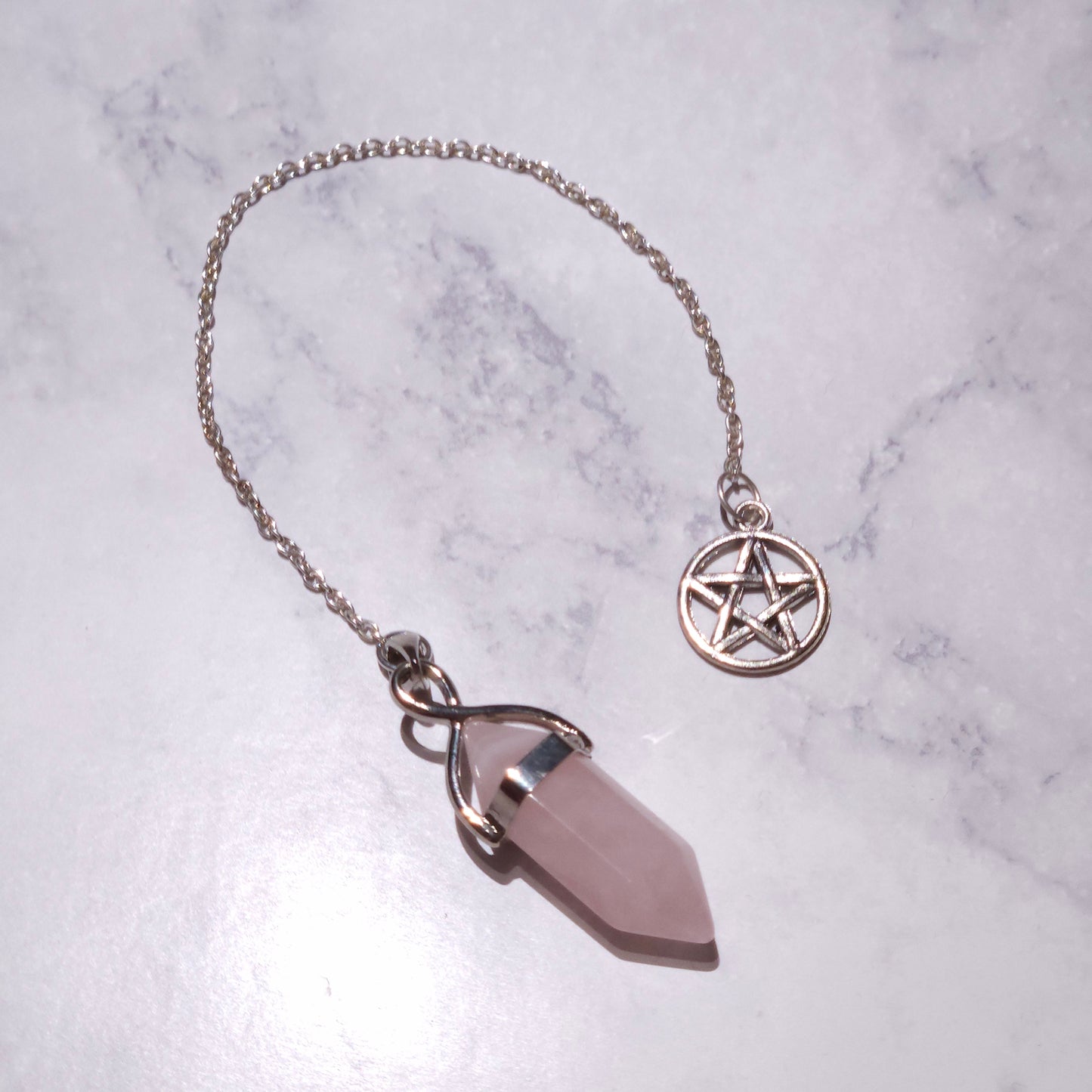 Rose Quartz Crystal Pendulum | Silver Pentacle Witchy Divination Tool