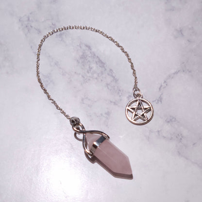 Rose Quartz Crystal Pendulum | Silver Pentacle Witchy Divination Tool