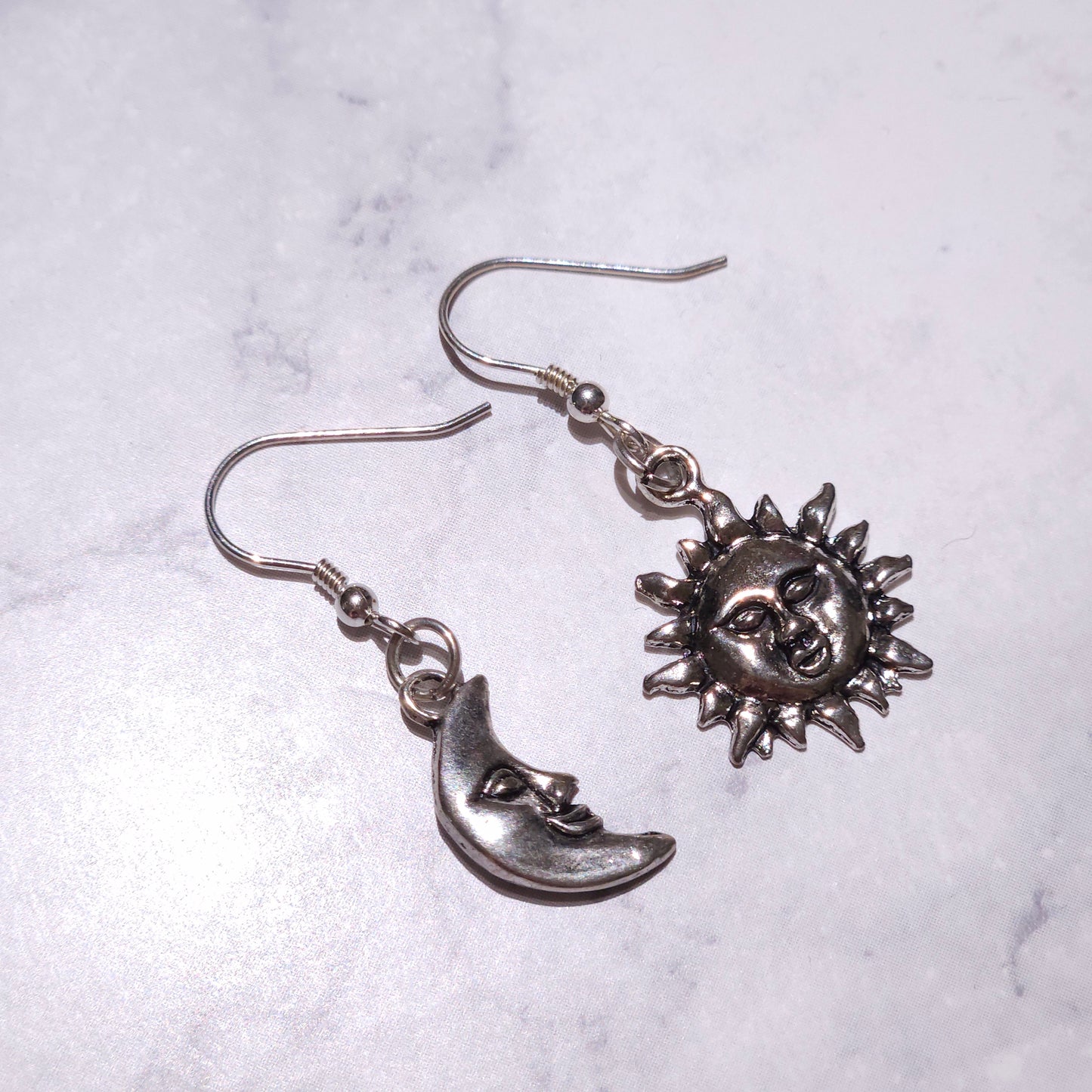 Silver Sun and Moon Charm Earrings | Witchy Occult Jewelry | Rose and Shadow