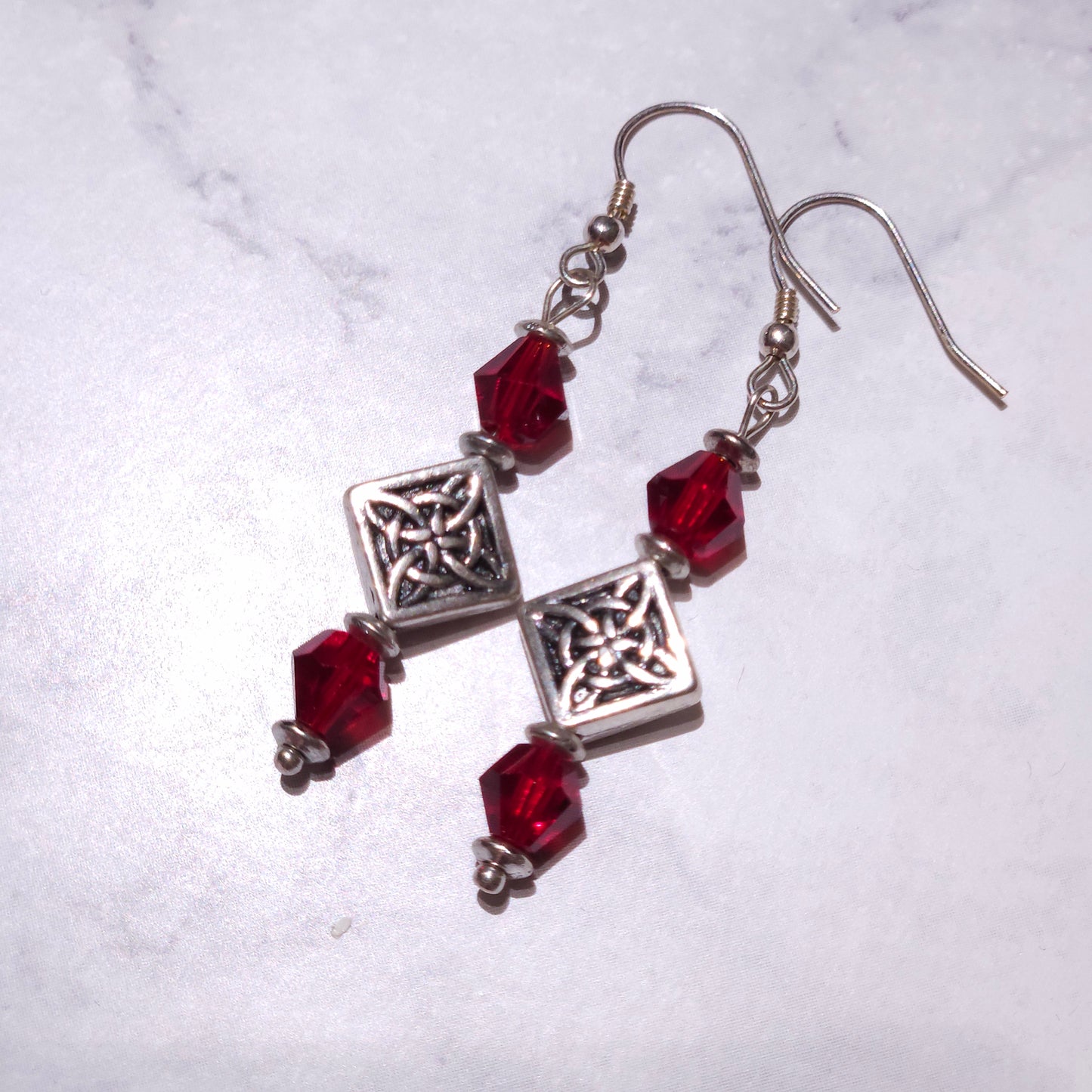 Silver Witch’s Knot Earrings | Red Swarovski Crystal Pagan Jewelry