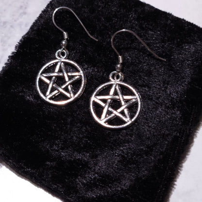 Pair of silver round pentacle charm earrings with pentagram dangle hooks