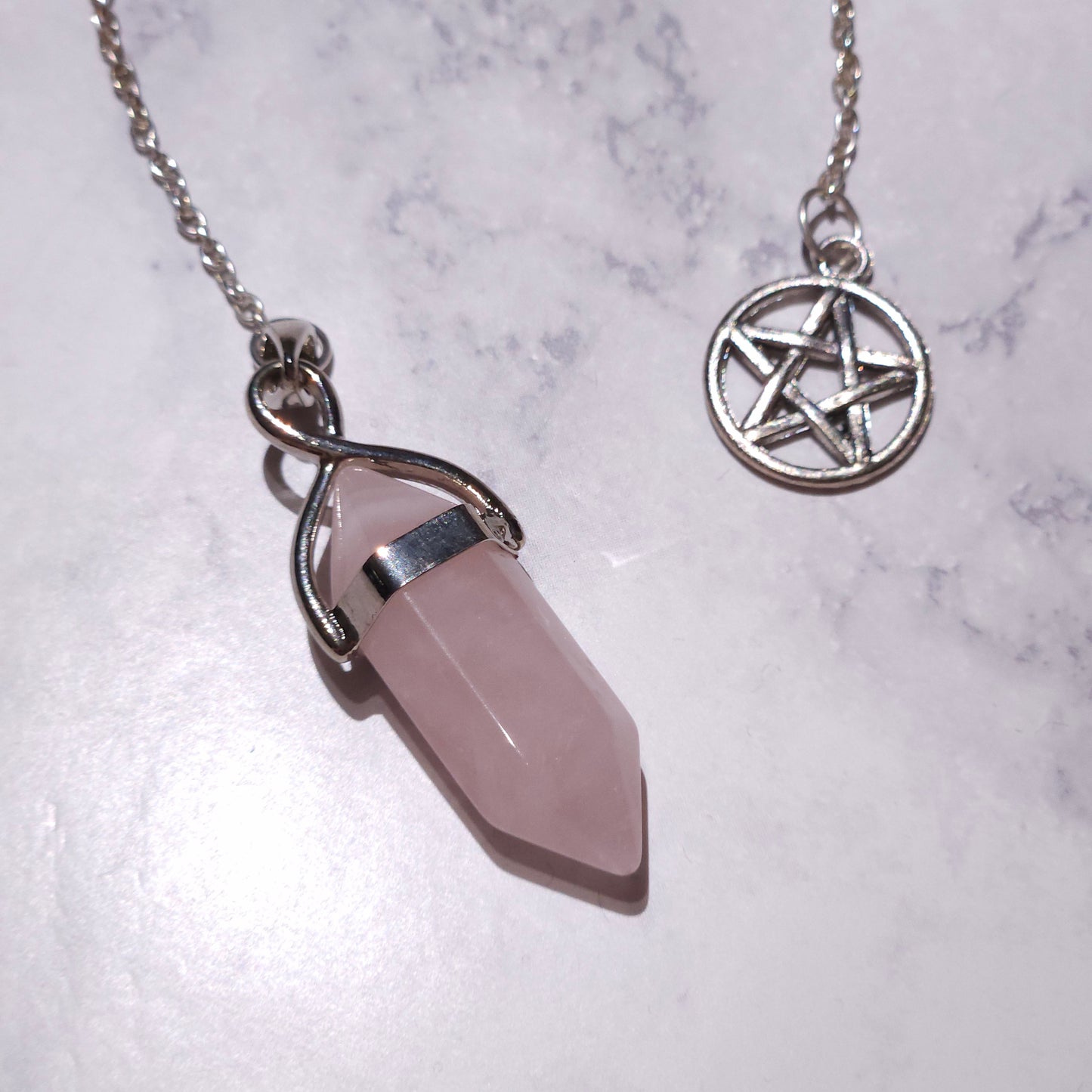 Rose Quartz Crystal Pendulum | Silver Pentacle Witchy Divination Tool