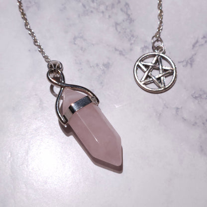 Rose Quartz Crystal Pendulum | Silver Pentacle Witchy Divination Tool
