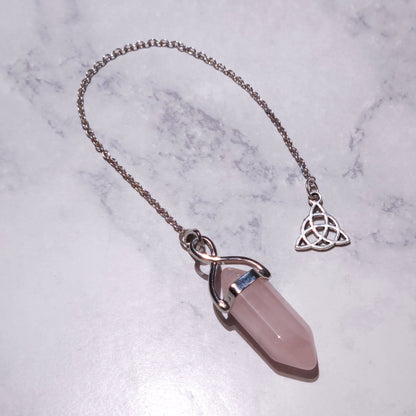 Rose Quartz Crystal Pendulum | Silver Triquetra Witchy Divination Tool