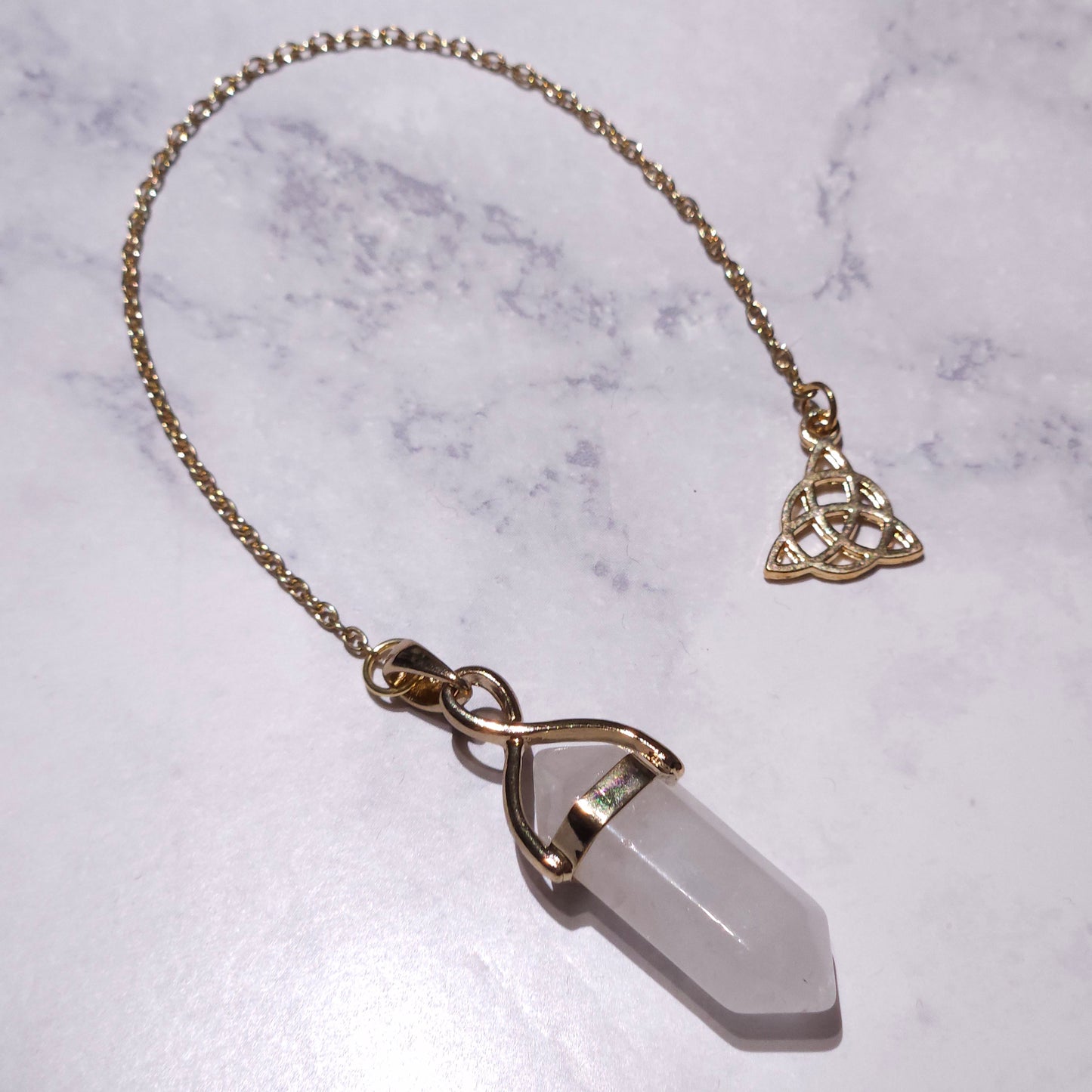 White Quartz Crystal Pendulum | Gold Triquetra Witchy Divination Tool