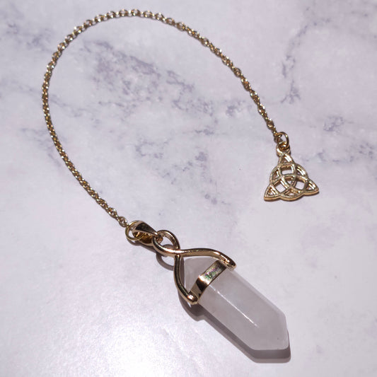 White Quartz Crystal Pendulum | Gold Triquetra Witchy Divination Tool
