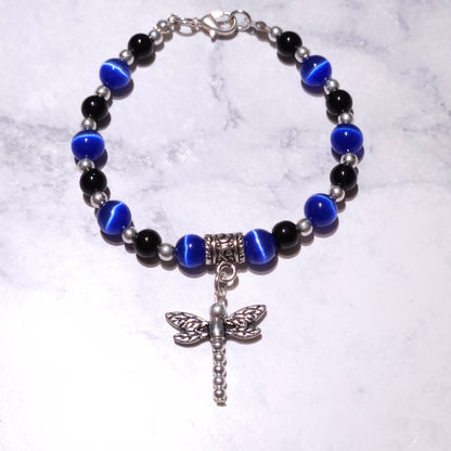 Onyx & Blue Cat's Eye Silver Dragonfly Bracelet | Witchy Occult Jewelry |Rose and Shadow