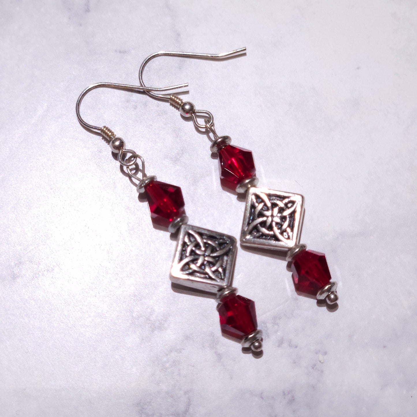 Silver Witch’s Knot Earrings | Red Swarovski Crystal Pagan Jewelry