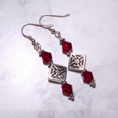 Silver Witch’s Knot Earrings | Red Swarovski Crystal Pagan Jewelry