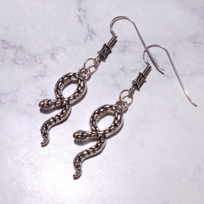 Silver Snake Charm Earrings | Gothic Witchy Occult Jewelry | Rose and Shadow