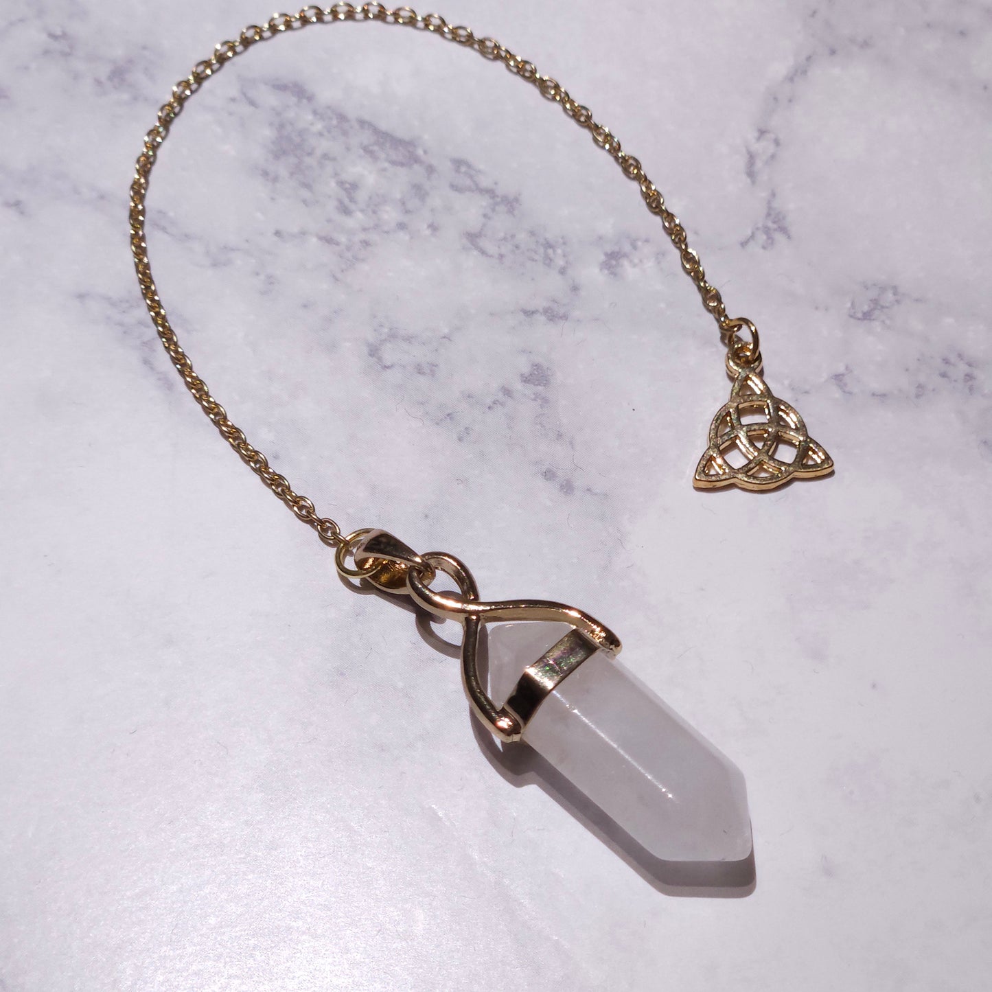 White Quartz Crystal Pendulum | Gold Triquetra Witchy Divination Tool
