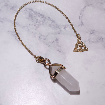 White Quartz Crystal Pendulum | Gold Triquetra Witchy Divination Tool