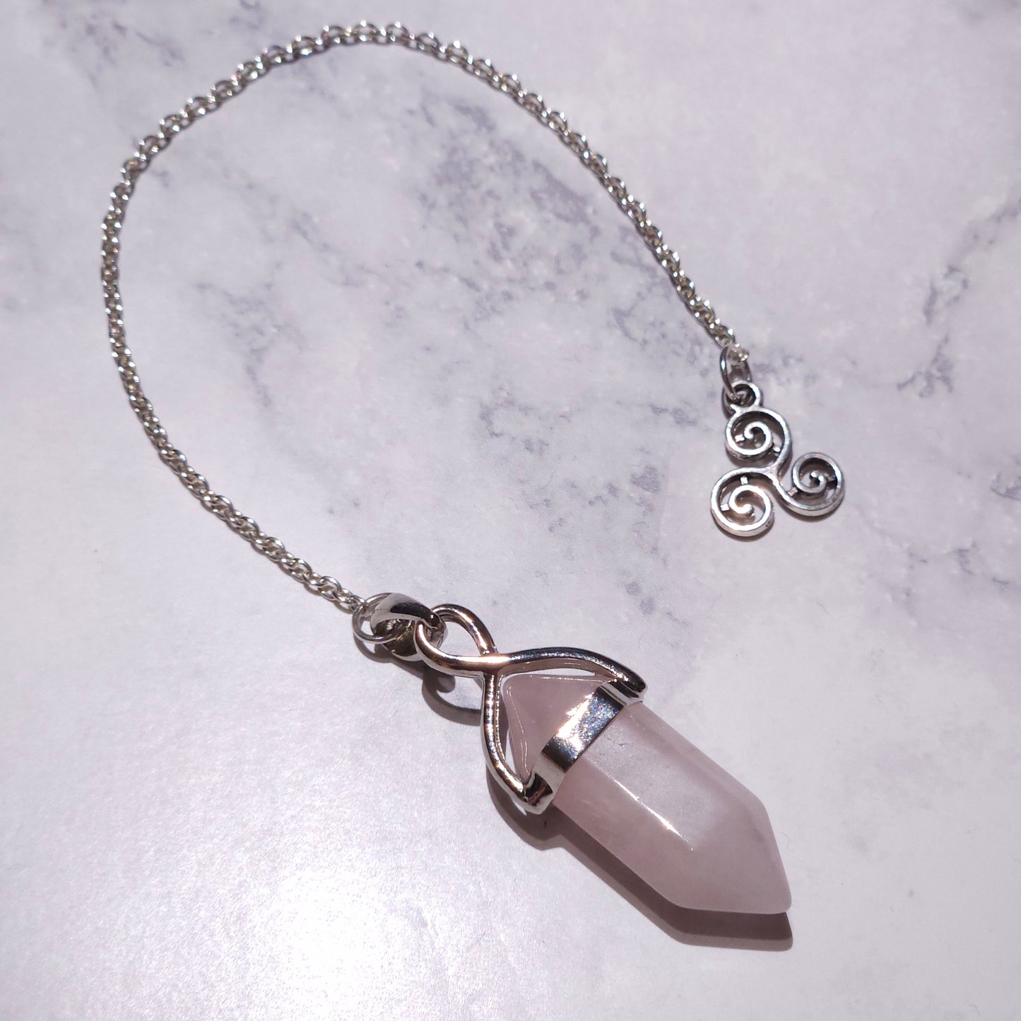 Rose Quartz Crystal Pendulum | Silver Triskele Witchy Divination Tool