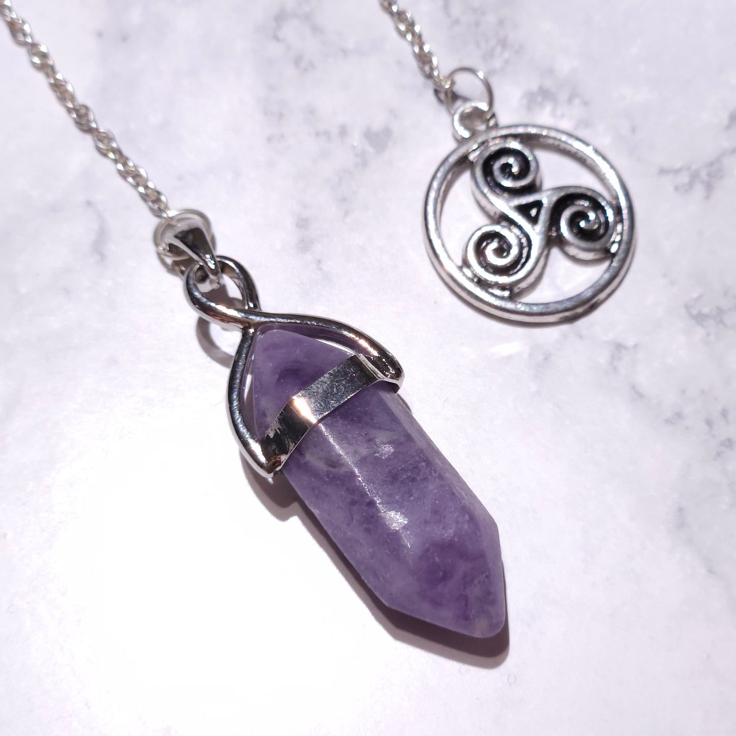 Fluorite Crystal Pendulum | Silver Triskele Witchy Divination Tool