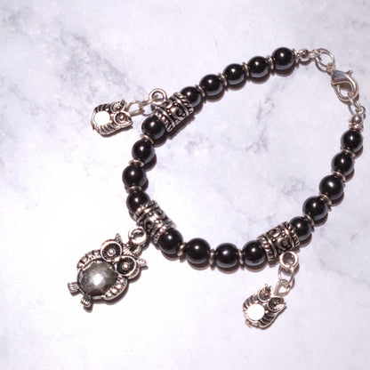 Owl Charm Bracelet with Hematite Gemstone | Rose and Shadow