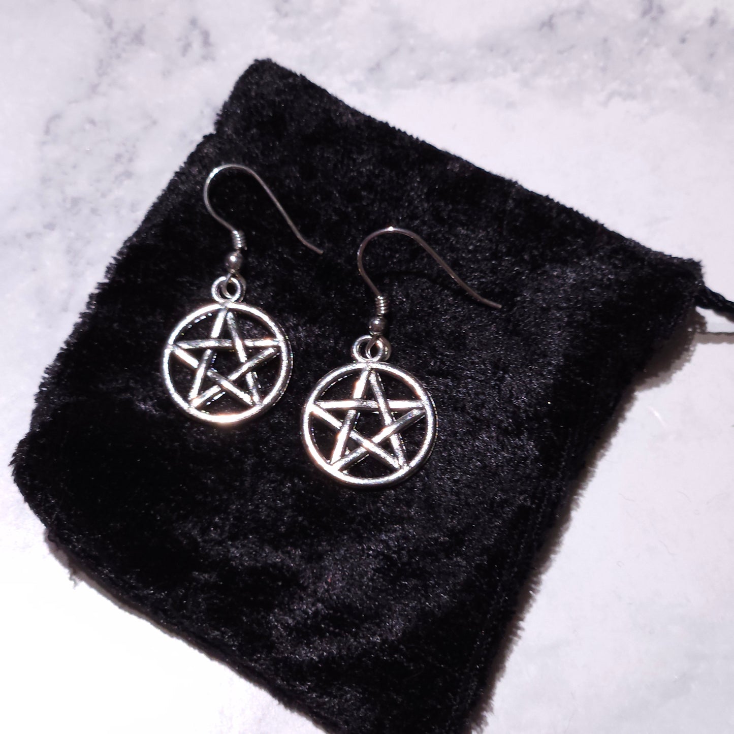 Silver pentacle charm earrings with round pentagram dangle hooks