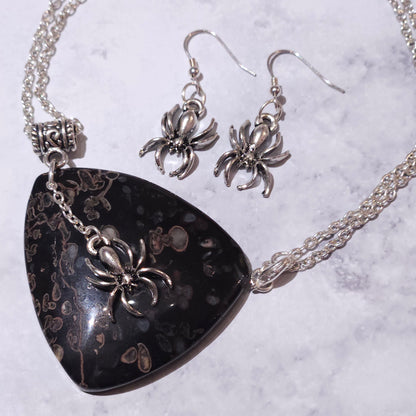 Silver Spider Goddess Black Agate Gemstone Necklace Set
