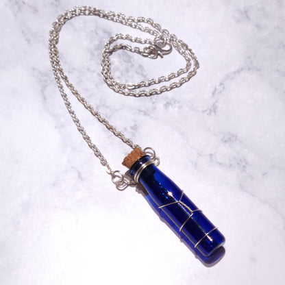 Silver Wire-Wrapped Cobalt Blue Spell Bottle Necklace | Empty Witch Potion Vial
