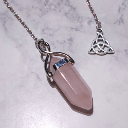 Rose Quartz Crystal Pendulum | Silver Triquetra Witchy Divination Tool