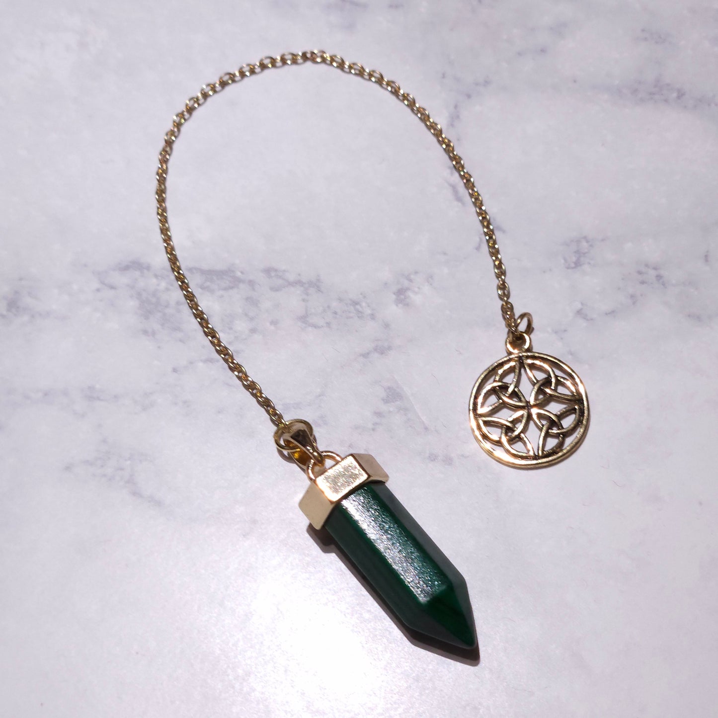 Malachite Crystal Pendulum | Gold Celtic Knot Witchy Divination Tool