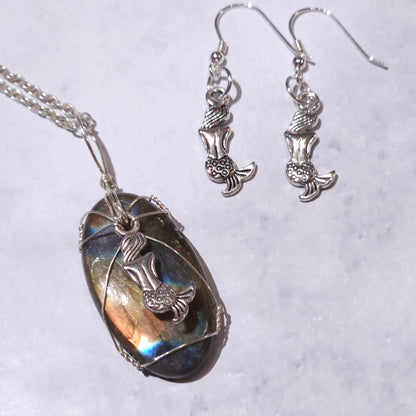 Silver Mermaid Labradorite Gemstone Necklace Set