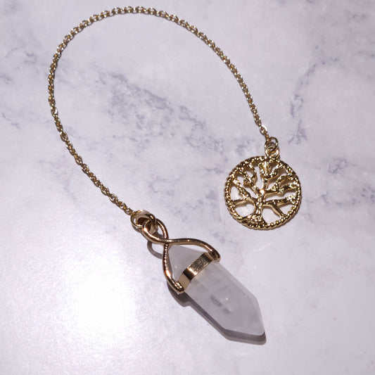 White Quartz Crystal Pendulum | Gold Tree of Life Witchy Divination Tool