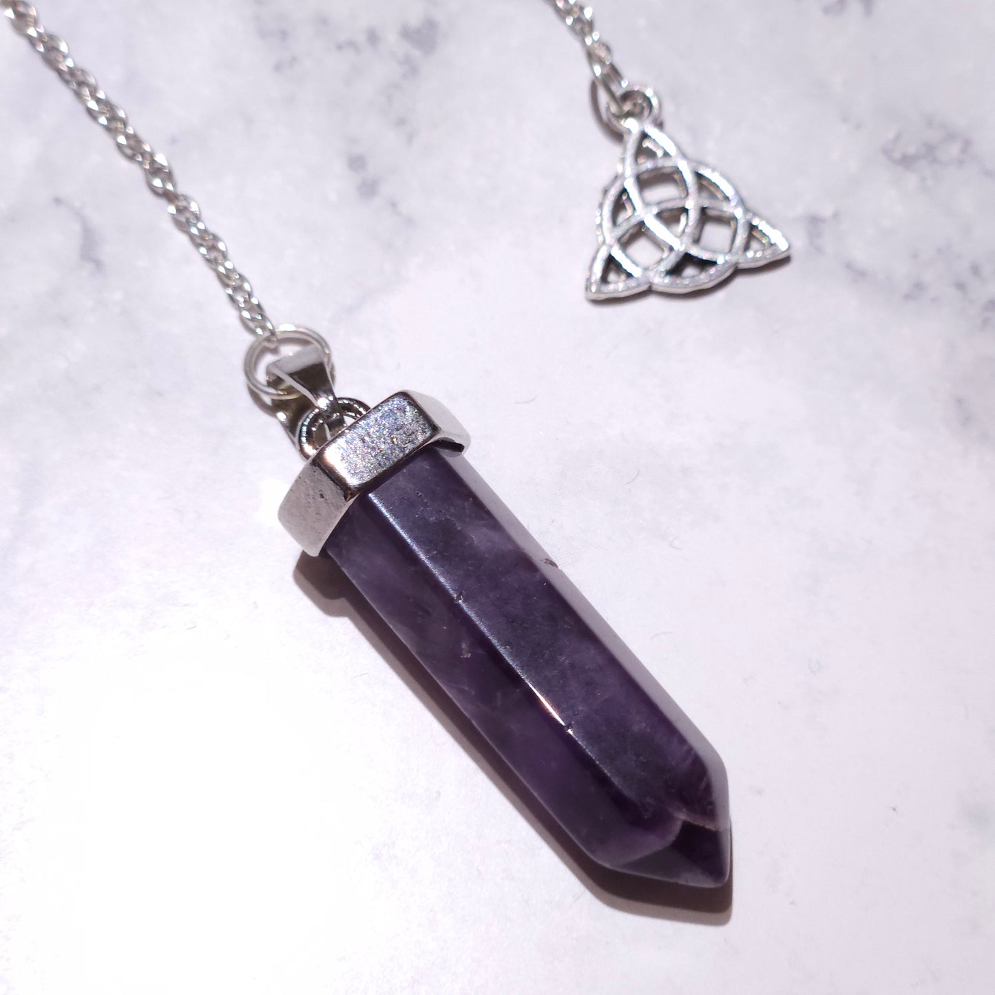 Amethyst Crystal Pendulum | Silver Triquetra Witchy Divination Tool
