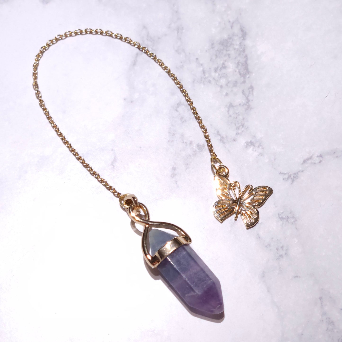 Fluorite Crystal Pendulum | Gold Butterfly Witchy Divination Tool