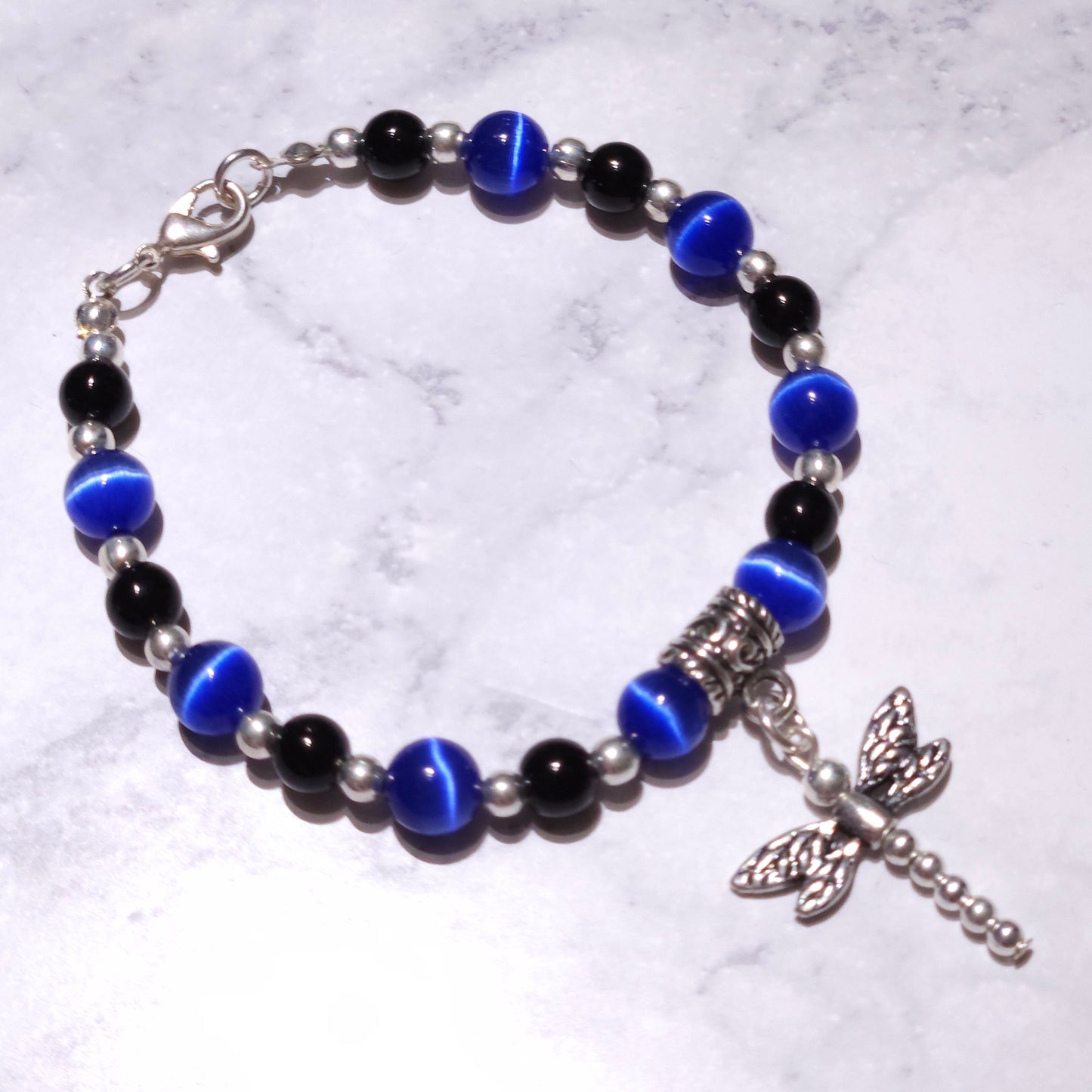 Onyx & Blue Cat's Eye Silver Dragonfly Bracelet | Witchy Occult Jewelry |Rose and Shadow