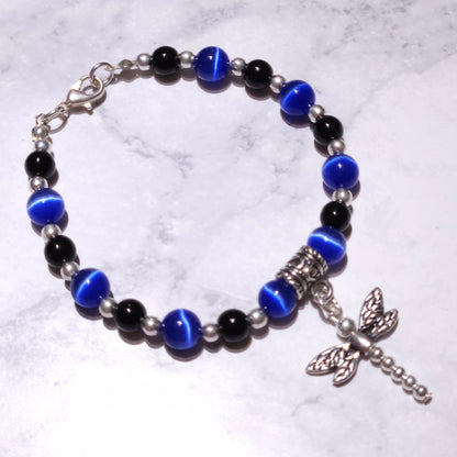 Onyx & Blue Cat's Eye Silver Dragonfly Bracelet | Witchy Occult Jewelry |Rose and Shadow