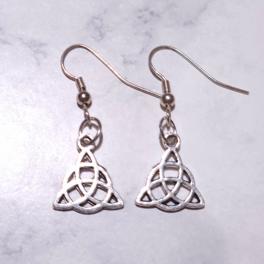 Silver triquetra triangle charm earrings with small jump rings and knot detail