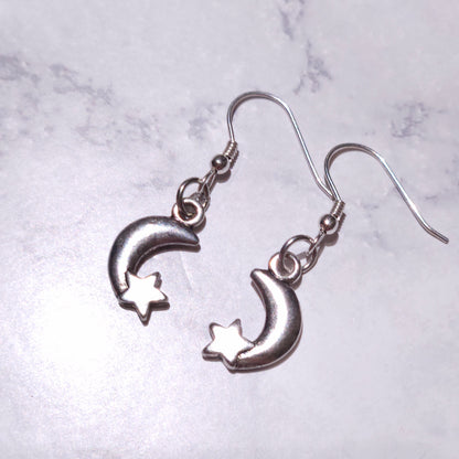 Silver Moon & Stars Charm Earrings | Witchy Occult Jewelry | Rose and Shadow