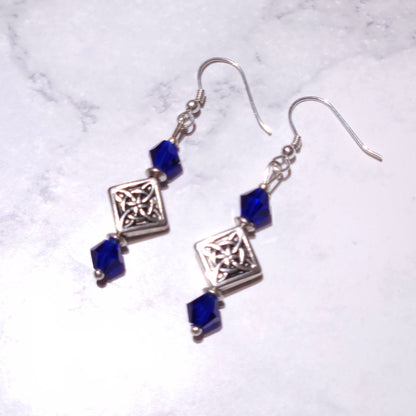 Silver Witch’s Knot Earrings | Blue Swarovski Crystal Pagan Jewelry