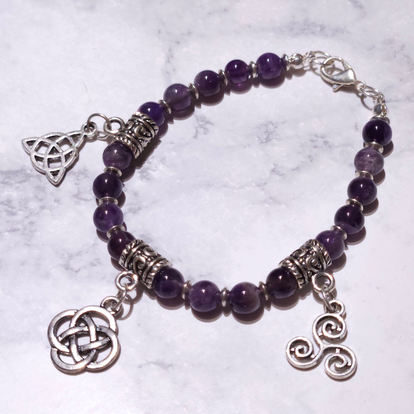 Triple Celtic Knot Charm Bracelet with Amethyst Gemstone | Rose and Shadow