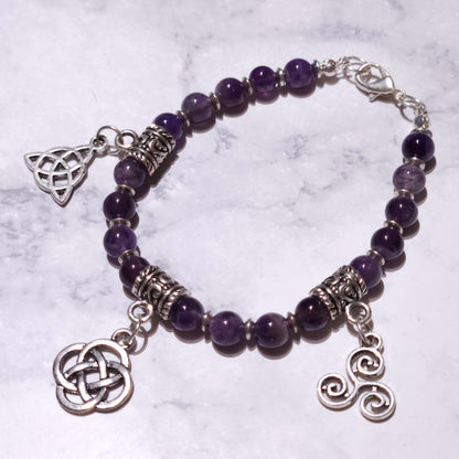 Triple Celtic Knot Charm Bracelet with Amethyst Gemstone | Rose and Shadow