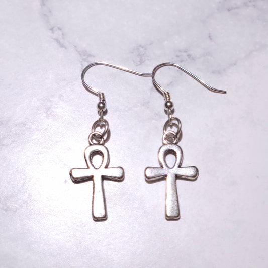 Silver ankh cross drop earrings featuring two charms with fishhook closures