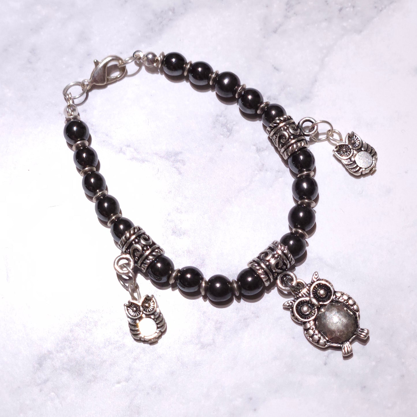 Owl Charm Bracelet with Hematite Gemstone | Rose and Shadow
