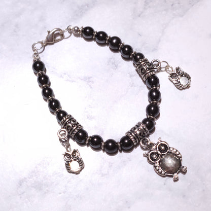 Owl Charm Bracelet with Hematite Gemstone | Rose and Shadow