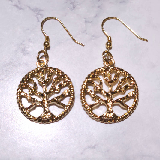Gold tree of life charm earrings, two round discs with ornate border and hooks