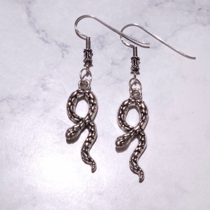Silver Snake Charm Earrings | Gothic Witchy Occult Jewelry | Rose and Shadow