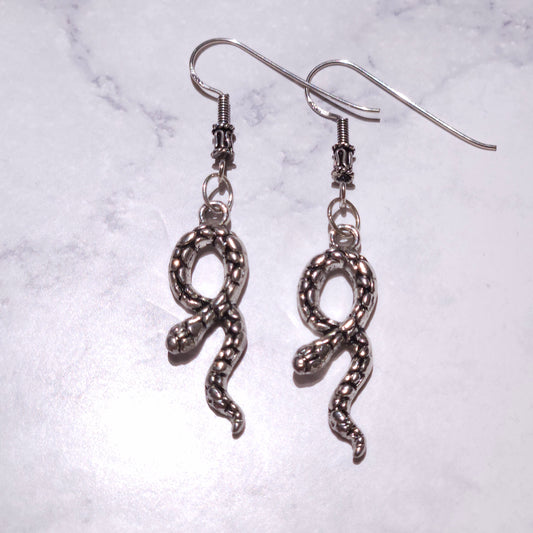 Silver snake charm drop earrings with oval pendant frames and dangling serpent shapes