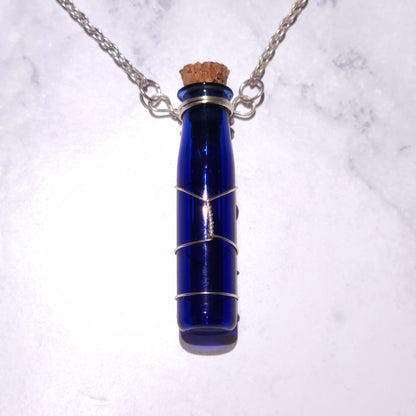Silver Wire-Wrapped Cobalt Blue Spell Bottle Necklace | Empty Witch Potion Vial