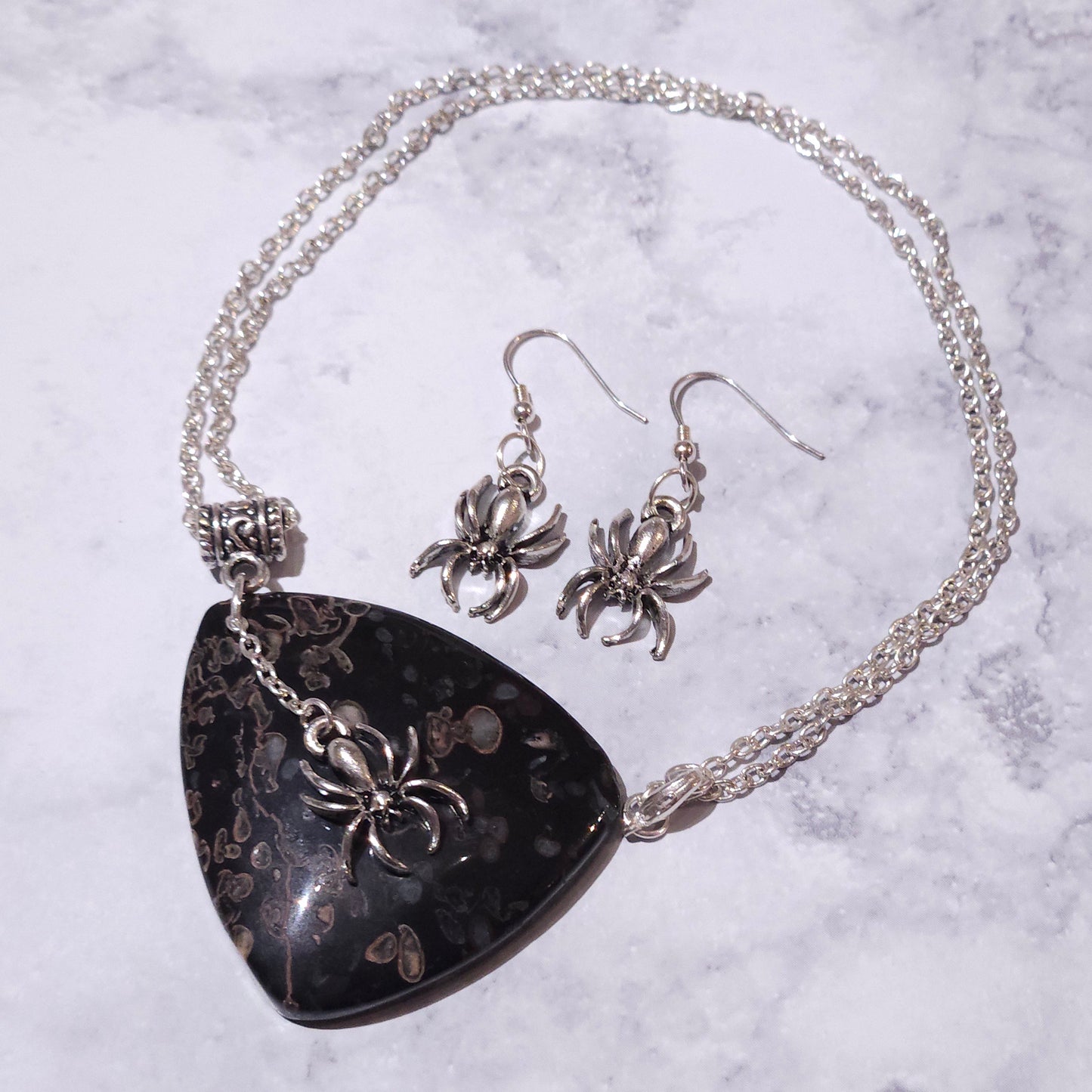 Silver Spider Goddess Black Agate Gemstone Necklace Set